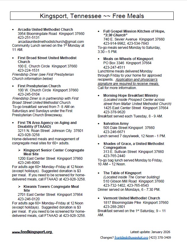 Image of Kingsport Free Meals list January 2026